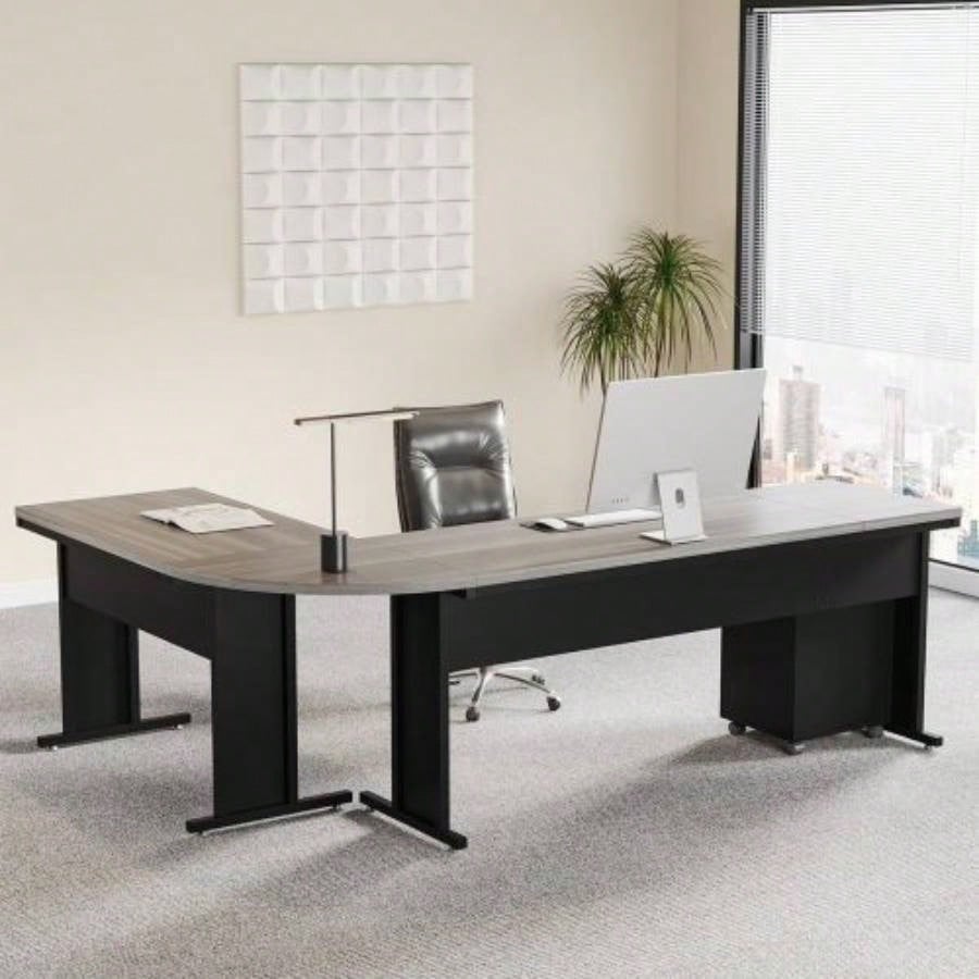 83 L - Shaped Executive Desk, Large Industrial Corner Computer Table with Reversible Design, 3 - Drawer Mobile File Cabinet, Business Workstation Home Office, Gray