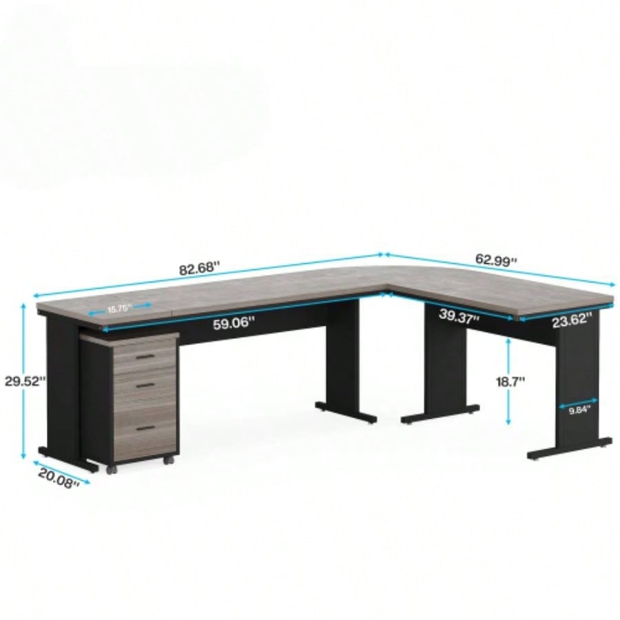 83 L - Shaped Executive Desk, Large Industrial Corner Computer Table with Reversible Design, 3 - Drawer Mobile File Cabinet, Business Workstation Home Office, Gray