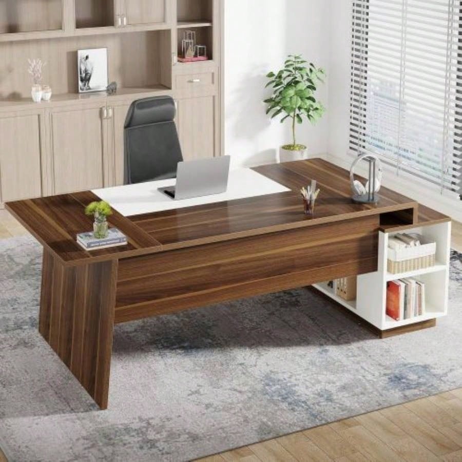 70.5 L - Shaped Executive Office Desk with Storage Cabinet Shelves, Large Modern Mid - Computer Workstation Home Office, Walnut White