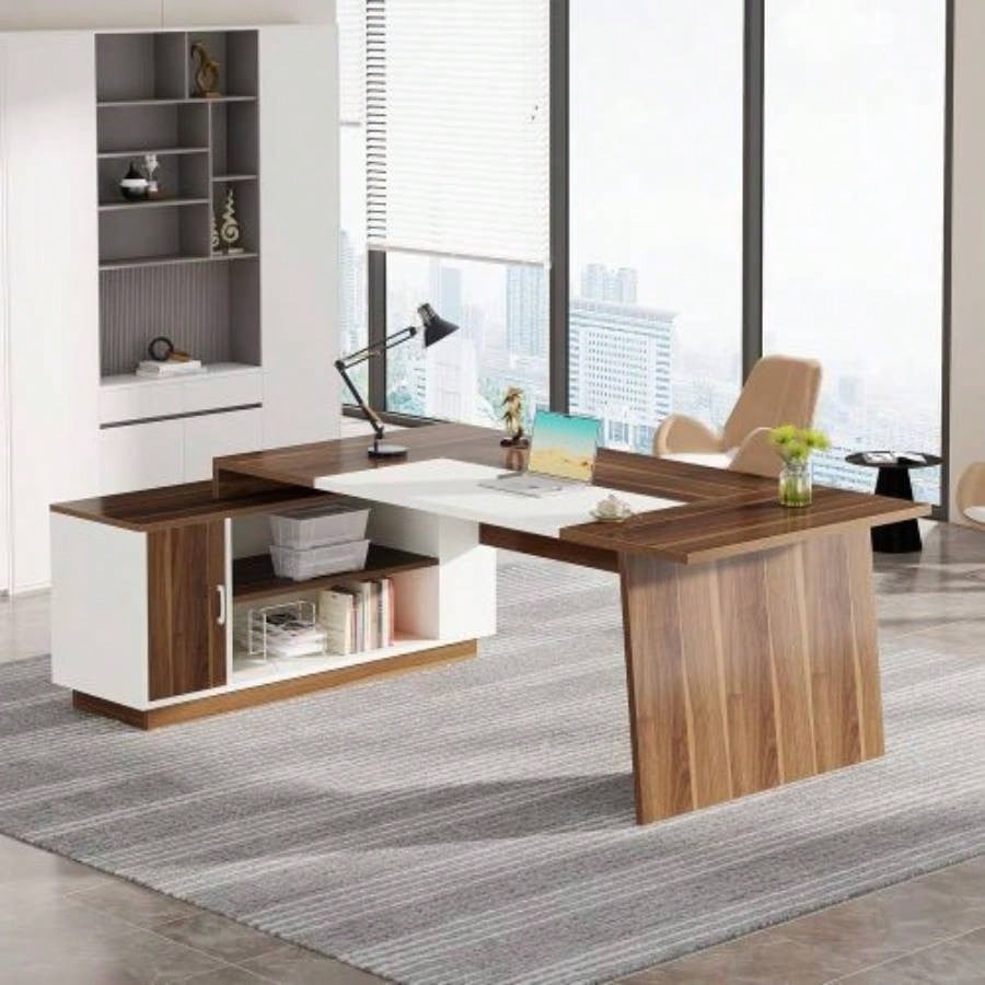 70.5 L - Shaped Executive Office Desk with Storage Cabinet Shelves, Large Modern Mid - Computer Workstation Home Office, Walnut White