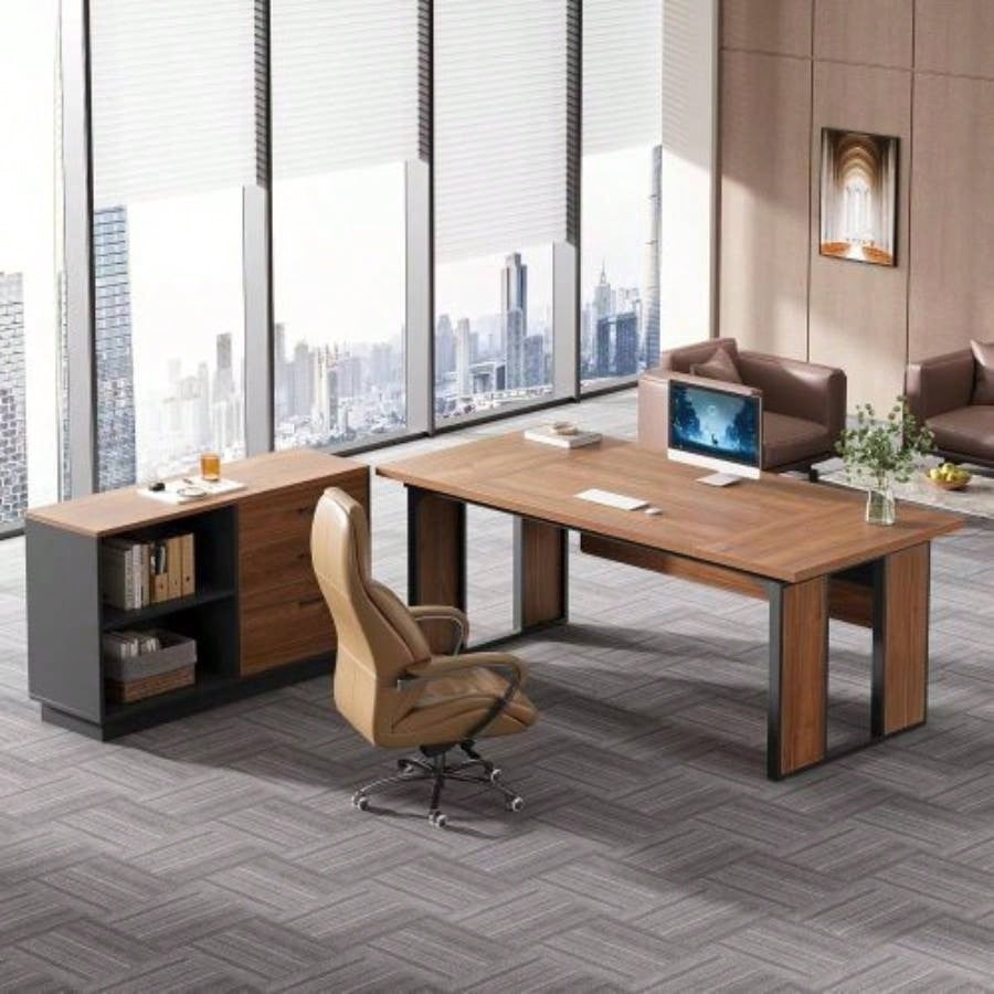 63 - Inch L - Shaped Executive Desk with 47 - Inch File Cabinet, Modern Office Computer Desk with Drawers Open Storage Shelves, Business Workstation Furniture Home Office, Brown and Black