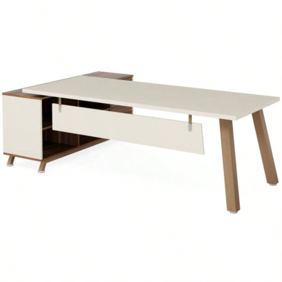78. L - Shaped Executive Desk with 55 File Cabinet, Large Modern Computer Desk with Storage Shelves Drawers Home Office, Walnut White Workstation Furniture