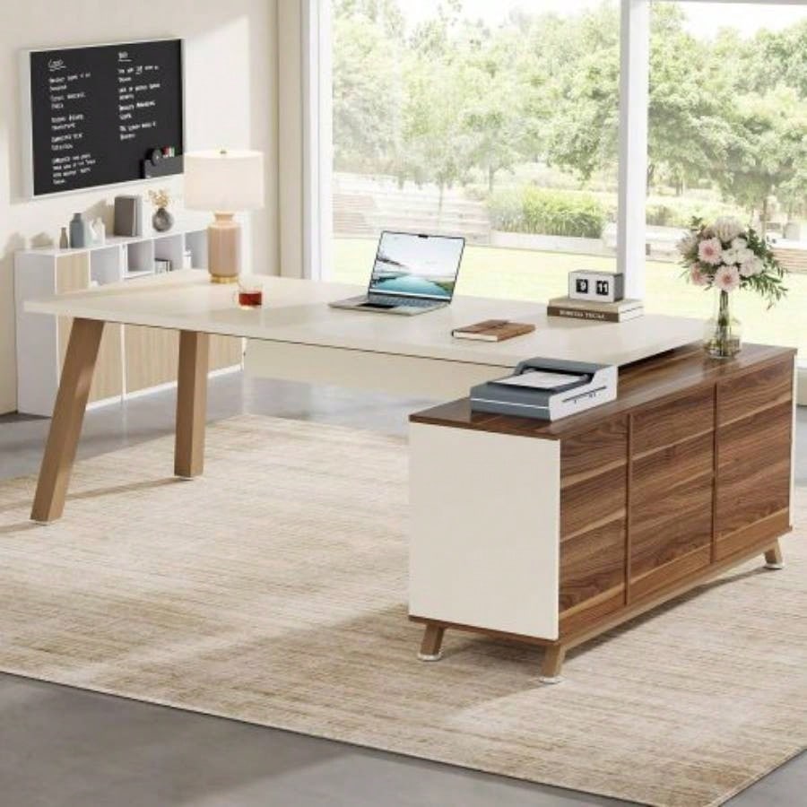 78. L - Shaped Executive Desk with 55 File Cabinet, Large Modern Computer Desk with Storage Shelves Drawers Home Office, Walnut White Workstation Furniture
