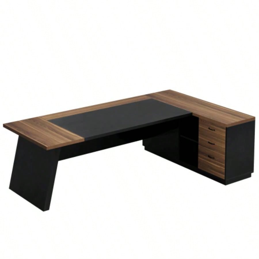 78. L - Shaped Executive Desk with File Cabinet Drawers, Large Modern Home Office Computer Workstation with Storage Shelves, Light Walnut+ Black