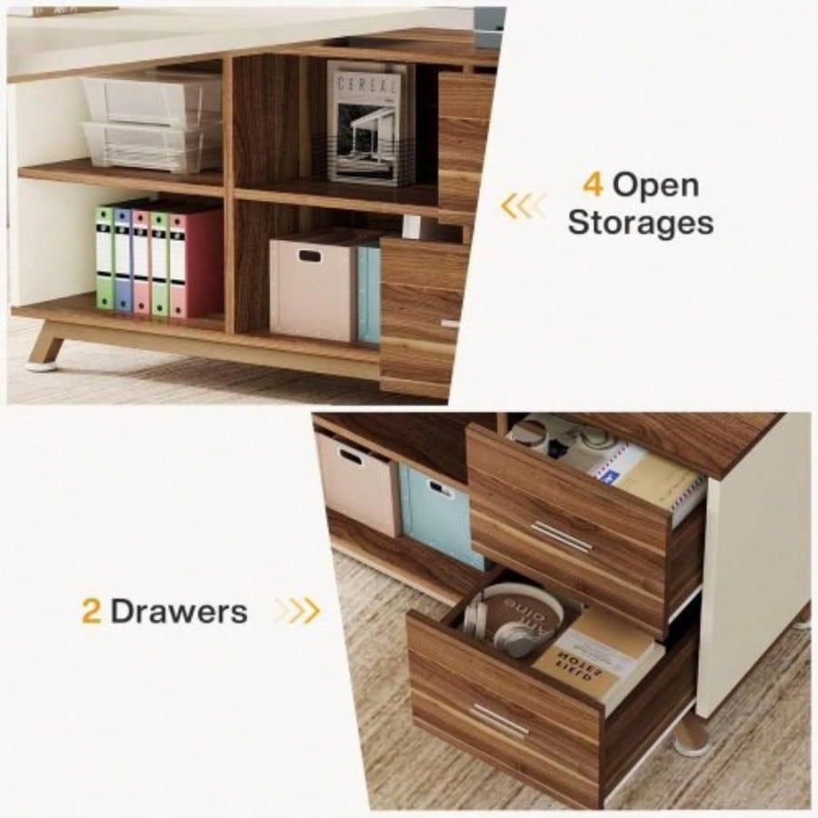 78. L - Shaped Executive Desk with 55 File Cabinet, Large Modern Computer Desk with Storage Shelves Drawers Home Office, Walnut White Workstation Furniture