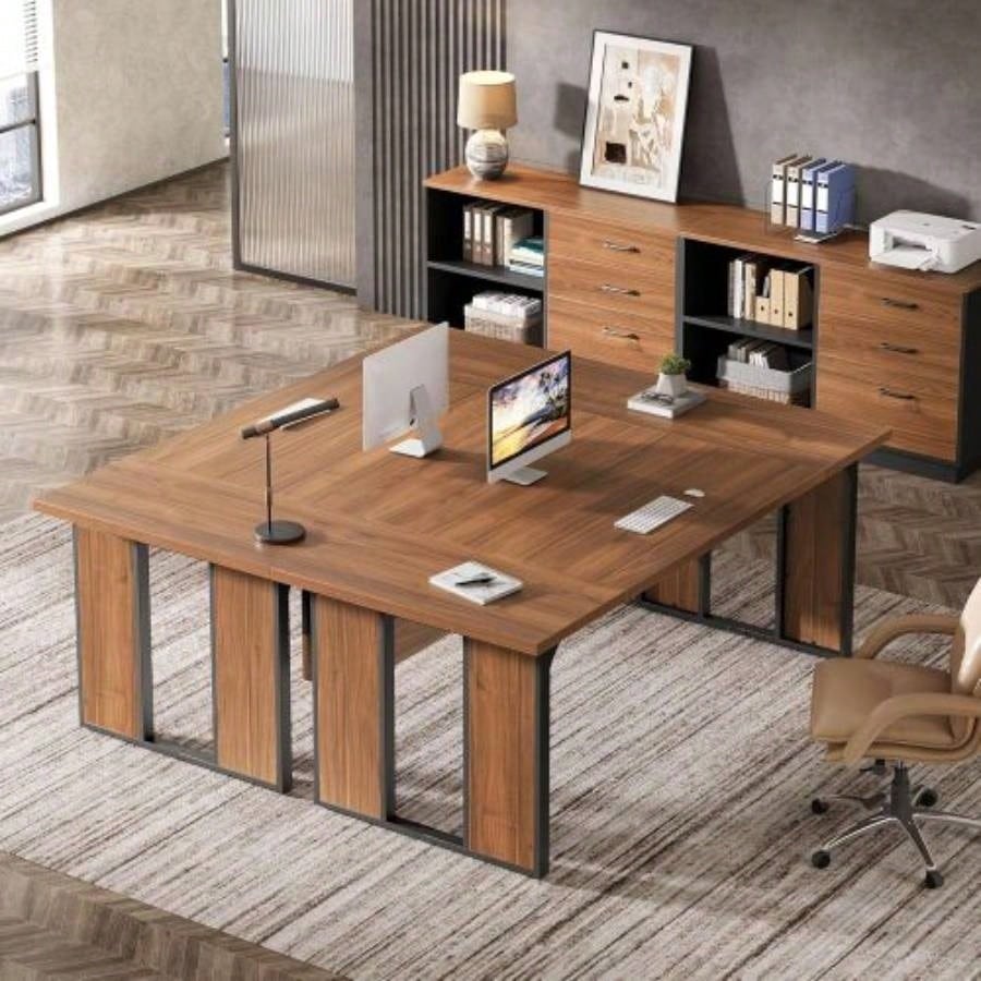 63 - Inch L - Shaped Executive Desk with 47 - Inch File Cabinet, Modern Office Computer Desk with Drawers Open Storage Shelves, Business Workstation Furniture Home Office, Brown and Black