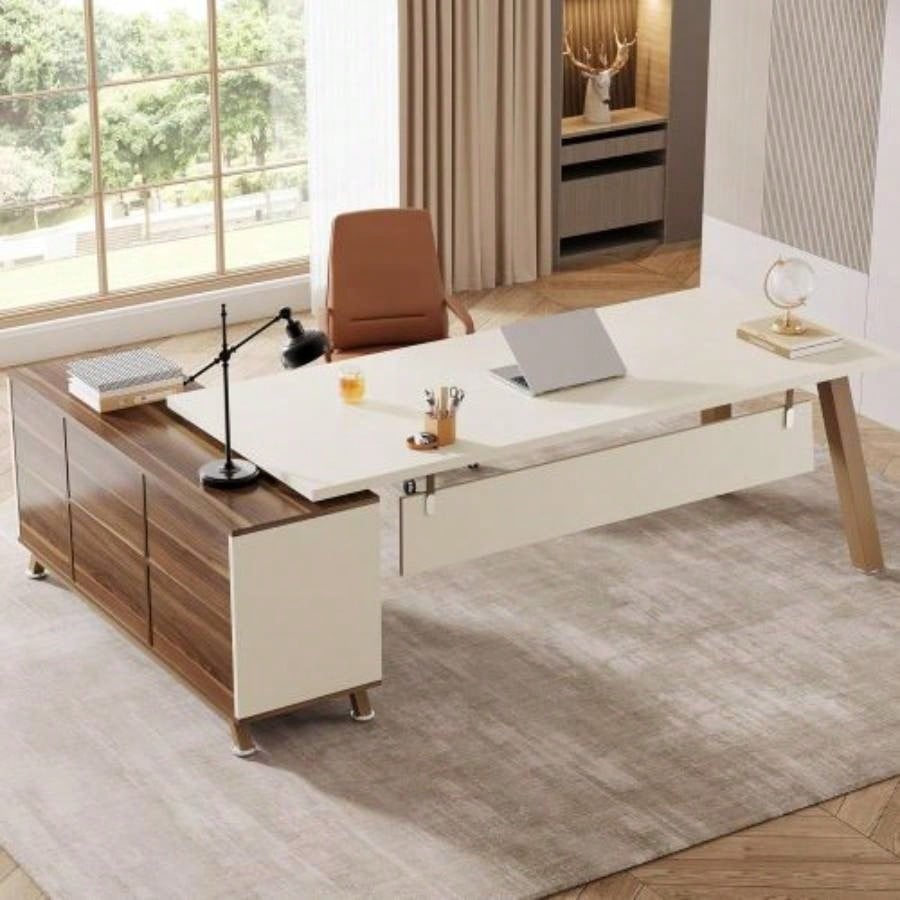78. L - Shaped Executive Desk with 55 File Cabinet, Large Modern Computer Desk with Storage Shelves Drawers Home Office, Walnut White Workstation Furniture