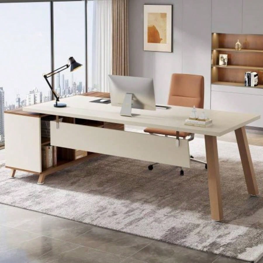78. L - Shaped Executive Desk with 55 File Cabinet, Large Modern Computer Desk with Storage Shelves Drawers Home Office, Walnut White Workstation Furniture
