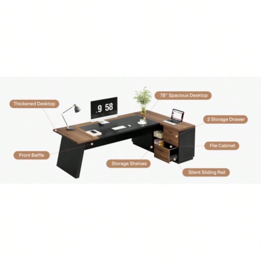 78. L - Shaped Executive Desk with File Cabinet Drawers, Large Modern Home Office Computer Workstation with Storage Shelves, Light Walnut+ Black