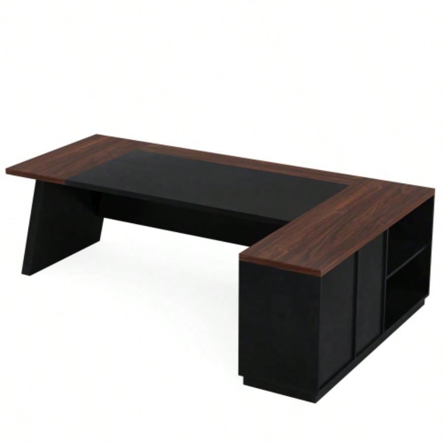 78. L - Shaped Executive Desk with File Cabinet Drawers, Large Modern Home Office Computer Workstation with Storage Shelves, Dark Walnut+ Black