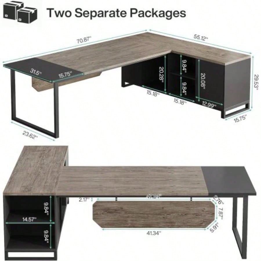 70.8 L - Shaped Executive Desk with 55 File Cabinet, Large Industrial Computer Workstation with Storage, Corner Office Desk Home Business, Retro Gray Black
