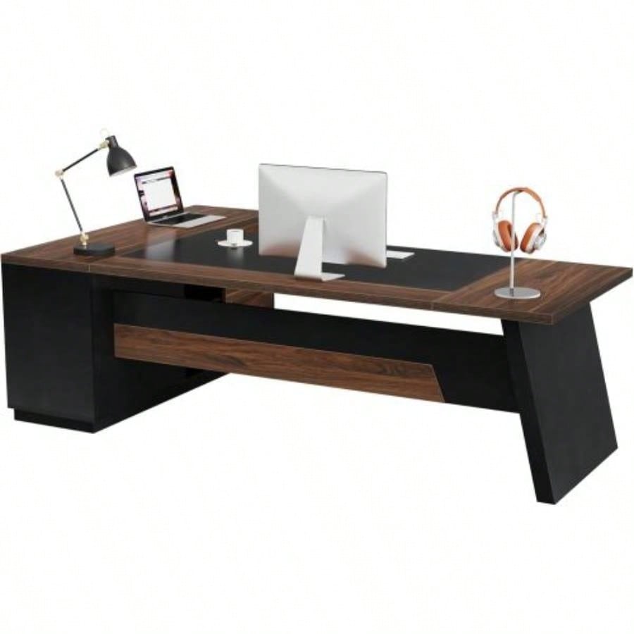 78. L - Shaped Executive Desk with File Cabinet Drawers, Large Modern Home Office Computer Workstation with Storage Shelves, Dark Walnut+ Black