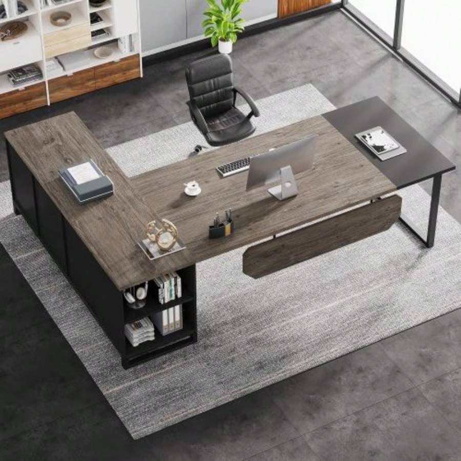 70.8 L - Shaped Executive Desk with 55 File Cabinet, Large Industrial Computer Workstation with Storage, Corner Office Desk Home Business, Retro Gray Black