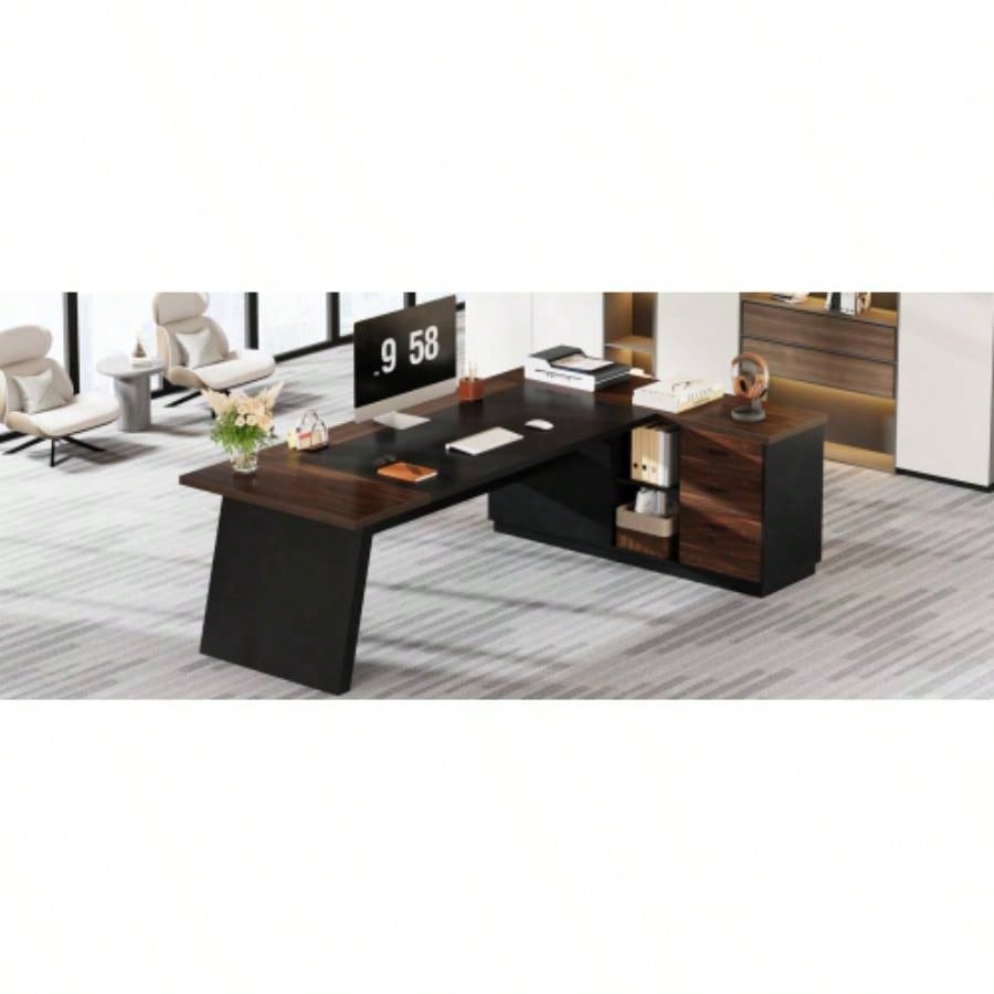 78. L - Shaped Executive Desk with File Cabinet Drawers, Large Modern Home Office Computer Workstation with Storage Shelves, Dark Walnut+ Black