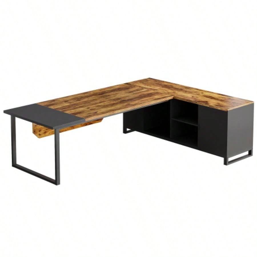 70.8 L - Shaped Executive Desk with 55 File Cabinet, Large Industrial Computer Workstation with Storage, Corner Office Desk Home Business, Rustic Brown Black