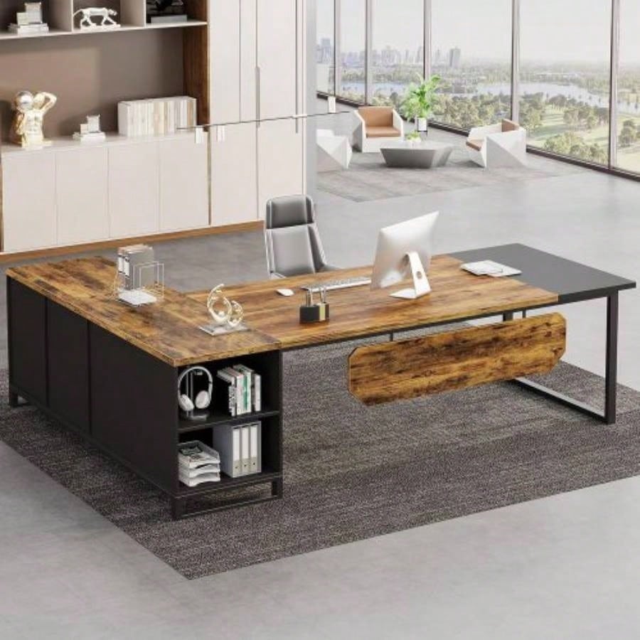 70.8 L - Shaped Executive Desk with 55 File Cabinet, Large Industrial Computer Workstation with Storage, Corner Office Desk Home Business, Rustic Brown Black