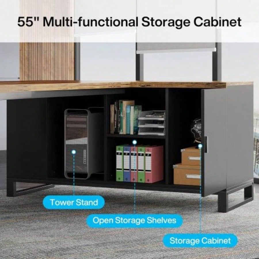 70.8 L - Shaped Executive Desk with 55 File Cabinet, Large Industrial Computer Workstation with Storage, Corner Office Desk Home Business, Rustic Brown Black