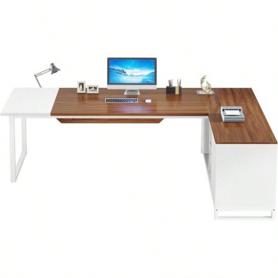 70.8 - Inch Executive Desk with 55 - Inch File Cabinet, Large L Shaped Computer Desk with Storage Cabinet and Shelves, Modern L - Shaped Desk Home Office, Walnut White