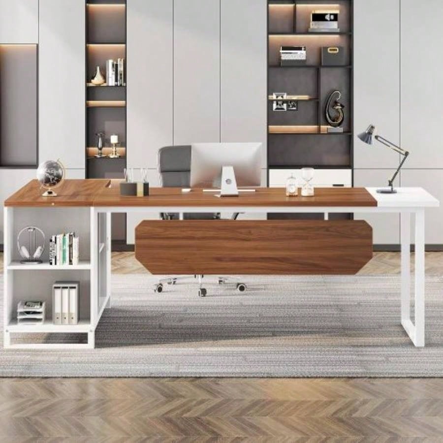70.8 - Inch Executive Desk with 55 - Inch File Cabinet, Large L Shaped Computer Desk with Storage Cabinet and Shelves, Modern L - Shaped Desk Home Office, Walnut White