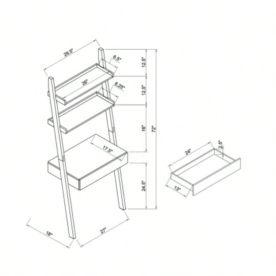 Home office desk workspace writing table bookcase ladder one drawer two shelves handleless design modern