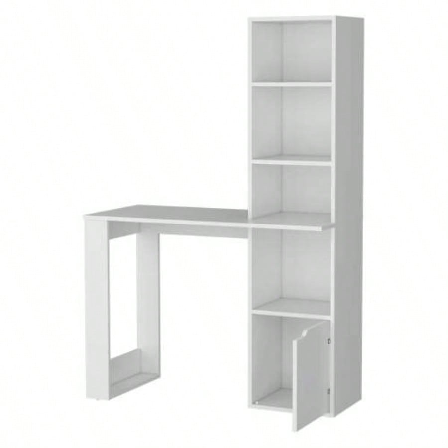 White Computer Desk with 4 - Tier Bookcase and 1 - Door Cabinet