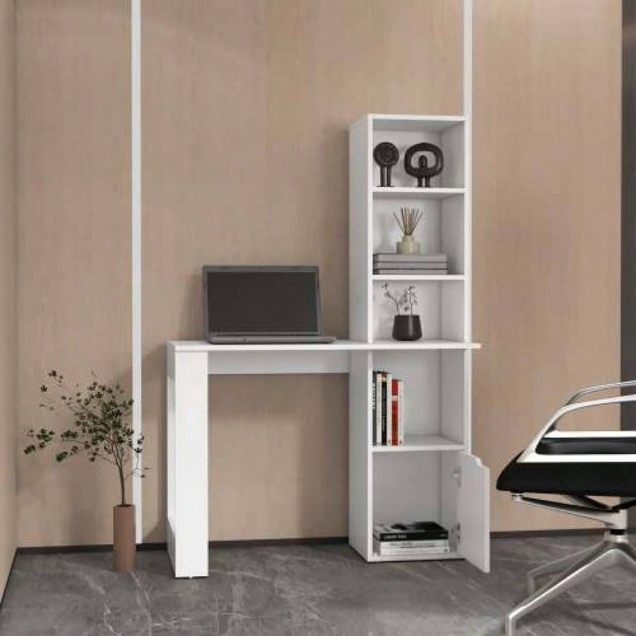 White Computer Desk with 4 - Tier Bookcase and 1 - Door Cabinet