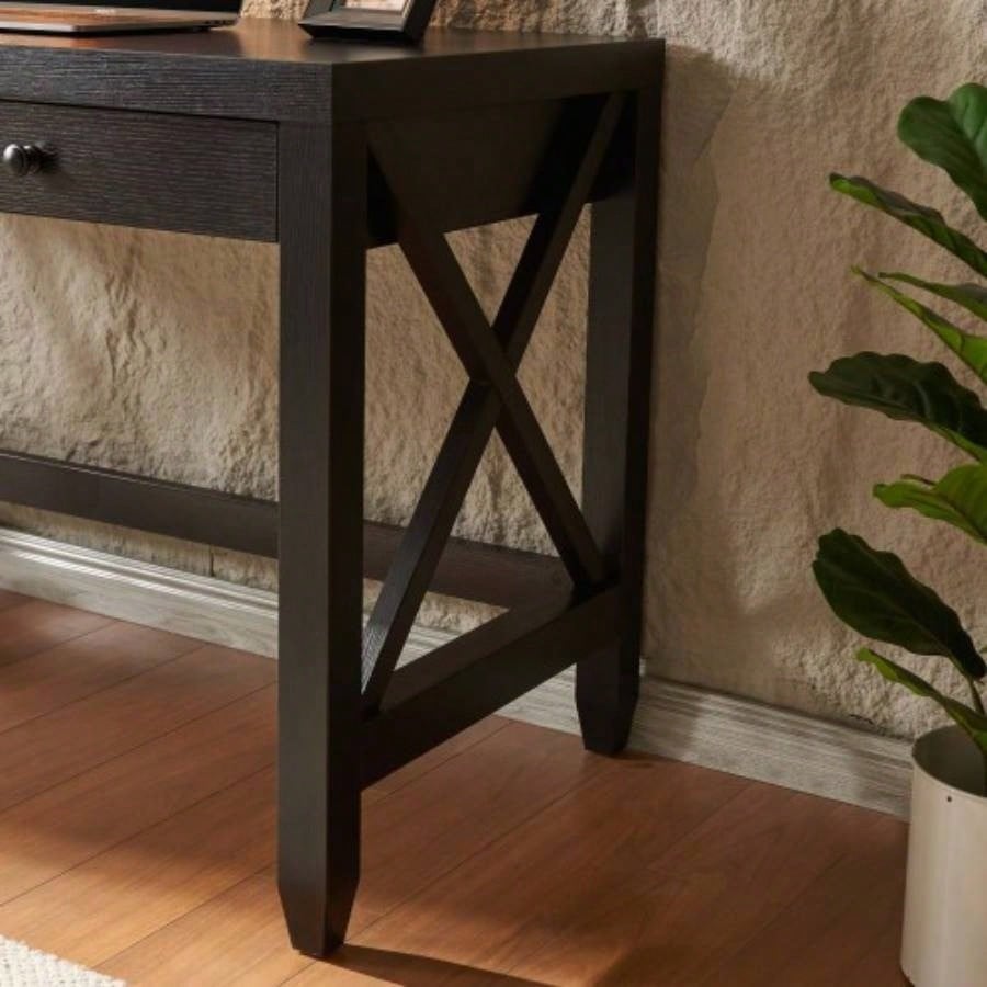 Home office desk writing table two drawers wooden knob handles finished on back X brace leg frame