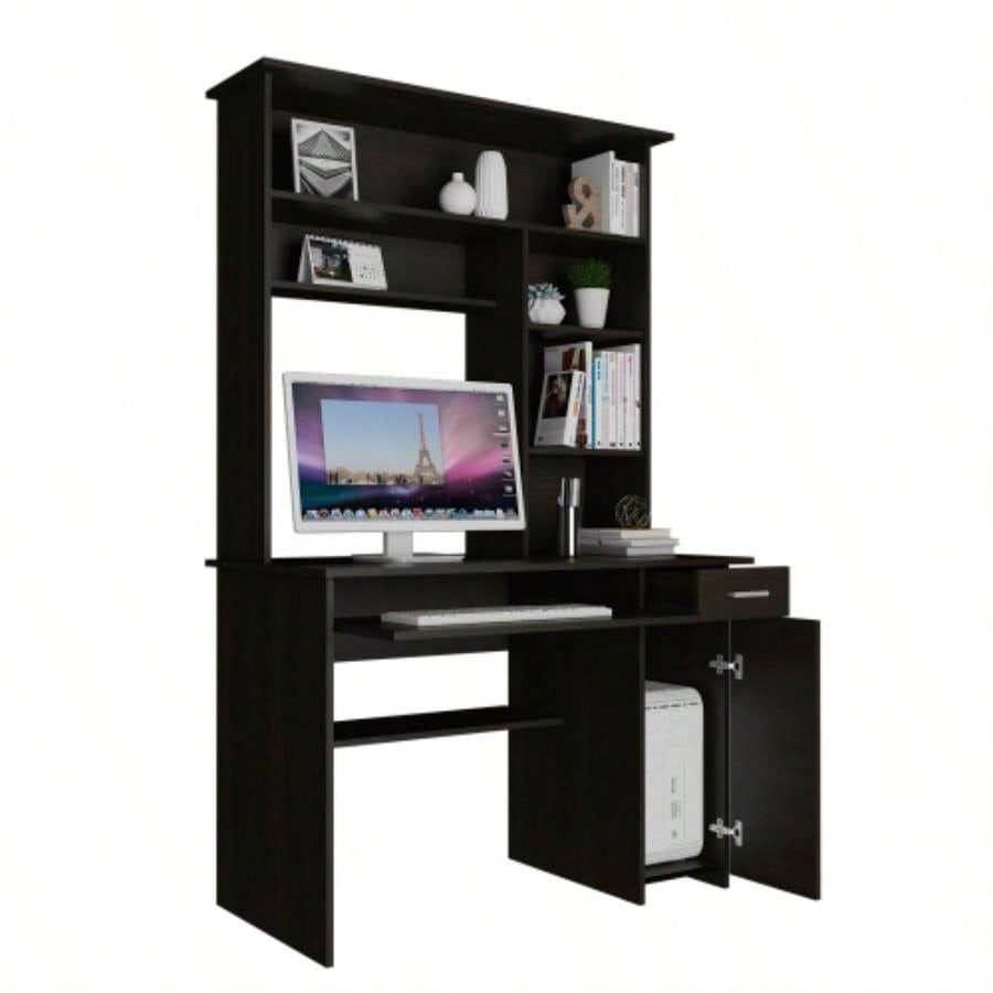 Compu Hutch Desk, Keyboard Tray, Door Panel CPU, Multiple Shelves, One Drawer, Black