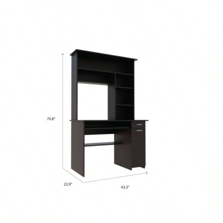 Compu Hutch Desk, Keyboard Tray, Door Panel CPU, Multiple Shelves, One Drawer, Black