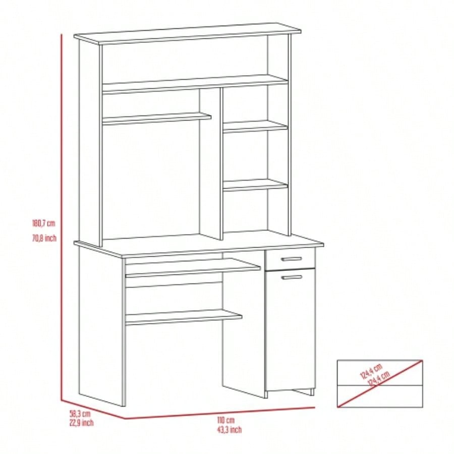 Compu Hutch Desk, Keyboard Tray, Door Panel CPU, Multiple Shelves, One Drawer, Black