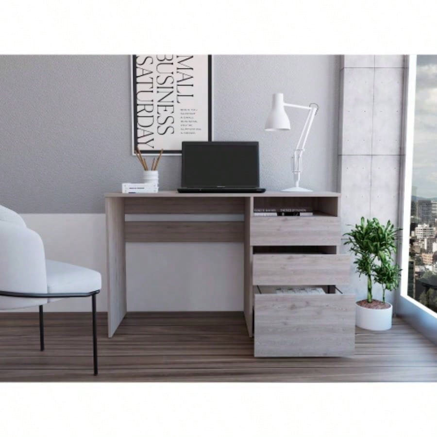 Computer Desk, 3 Drawers, One Shelf, Light Gray