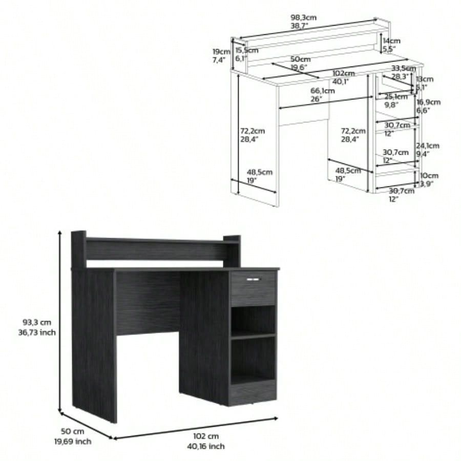 Computer Desk Delmar with Open Storage Shelves and Single Drawer, Smokey Oak