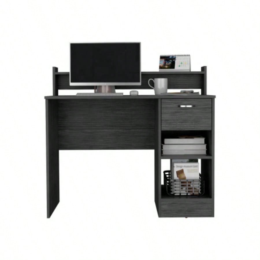 Computer Desk Delmar with Open Storage Shelves and Single Drawer, Smokey Oak