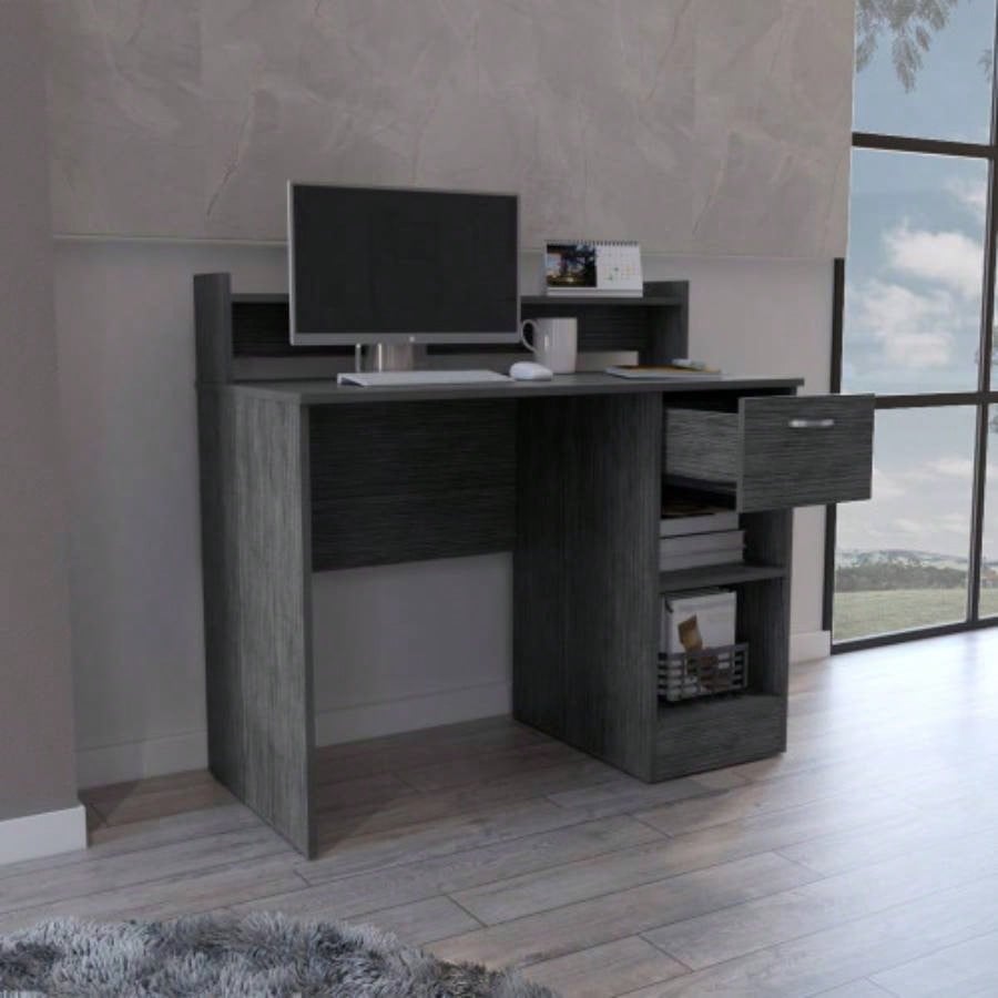 Computer Desk Delmar with Open Storage Shelves and Single Drawer, Smokey Oak