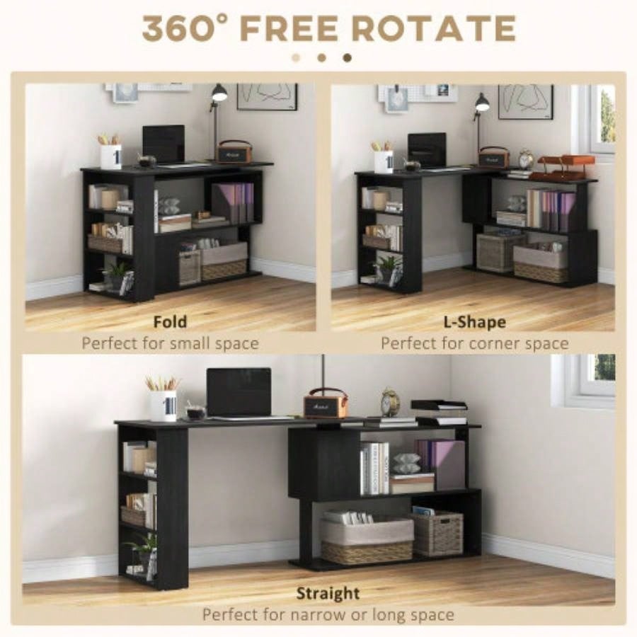 HOMCOM L Shaped Corner Desk, 360 Degree Rotating Home Office Desk with Storage Shelves, Writing Table Workstation, Black