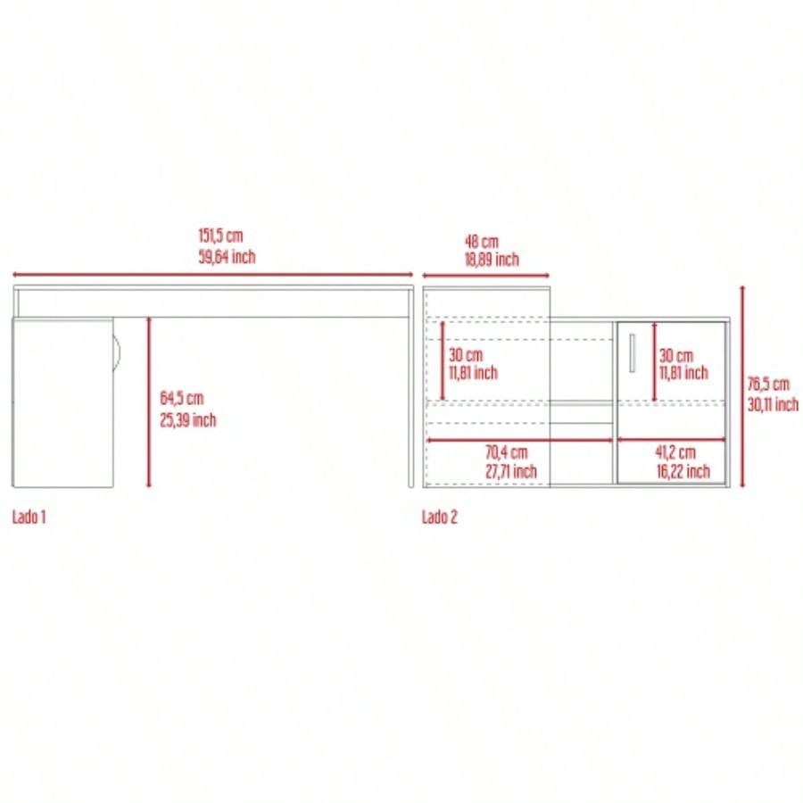 L - Shaped Desk, Single Door Cabinet, Two Open Shelves, Two Interior Shelves, Light Oak