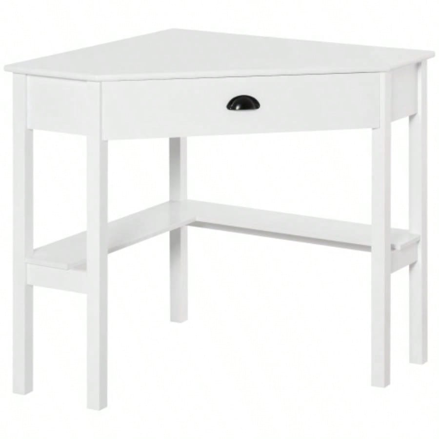 HOMCOM Corner Desk, Computer Desk with Drawer and Storage Shelves Small Spaces, Home Office Workstation Living Room, or Bedroom, White
