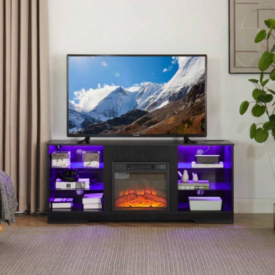 TV Stand Fireplace TV Stand with Glass Shelves, 3D Fireplace TV Stand with LED Lights Wood with USB Charging Outlet Modern Television Table Center TV up to 32 - 62 White 5815.4D*24.4
