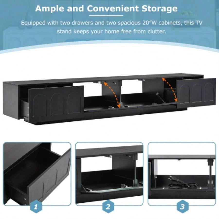 ON - TREND TV Stand with Fluted tempered Glass Doors TVs Up to 95 Functional Media Console with Arched Cabinet Doors, Entertainment Center with APP - Controlled LED Light Living Room, Black