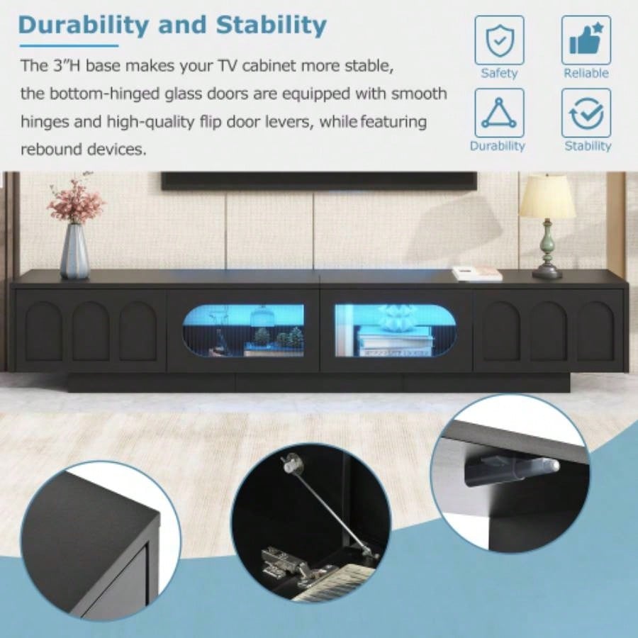 ON - TREND TV Stand with Fluted tempered Glass Doors TVs Up to 95 Functional Media Console with Arched Cabinet Doors, Entertainment Center with APP - Controlled LED Light Living Room, Black