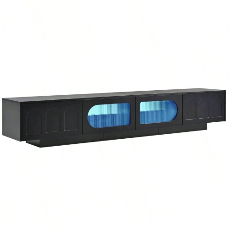 ON - TREND TV Stand with Fluted tempered Glass Doors TVs Up to 95 Functional Media Console with Arched Cabinet Doors, Entertainment Center with APP - Controlled LED Light Living Room, Black