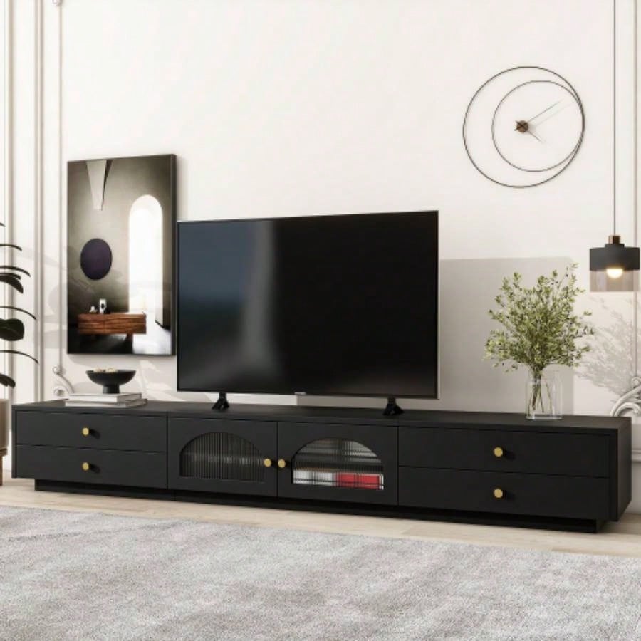 ON - TREND TV Stand with Fluted tempered Glass Doors TVs Up to 95 Functional Media Console with Arched Cabinet Doors, Entertainment Center with APP - Controlled LED Light Living Room, Black