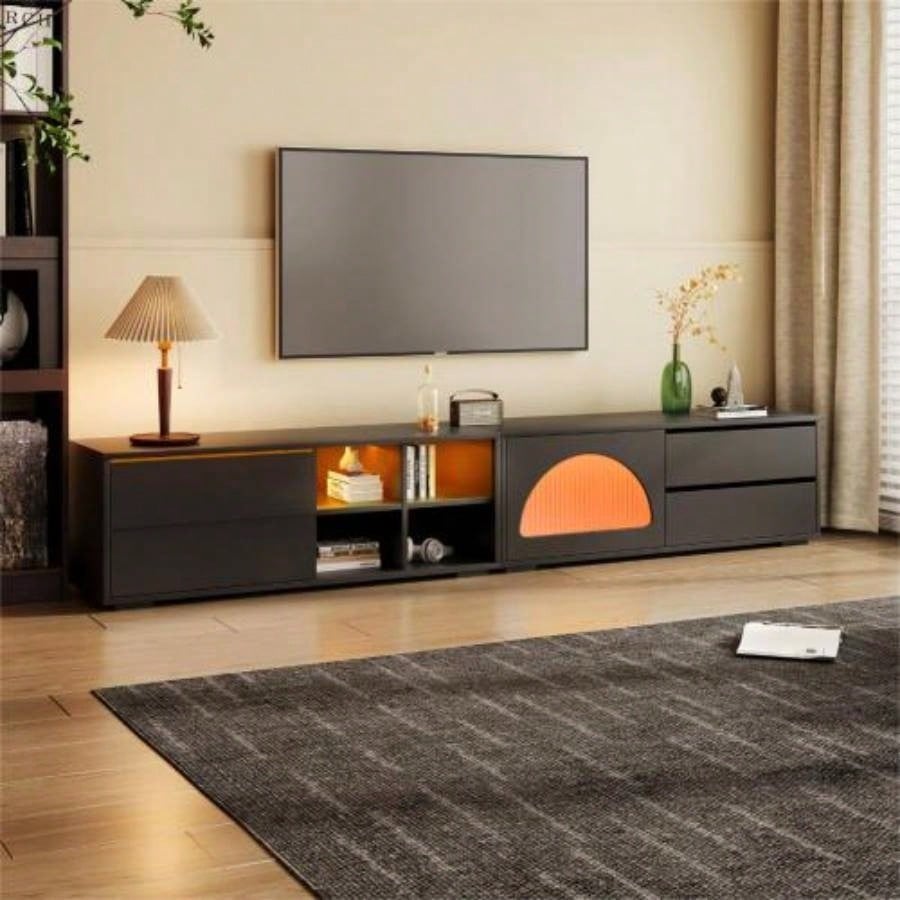 ON - TREND TV Stand with Fluted tempered Glass Doors TVs Up to 95 Functional Media Console with Arched Cabinet Doors, Entertainment Center with APP - Controlled LED Light Living Room, Black