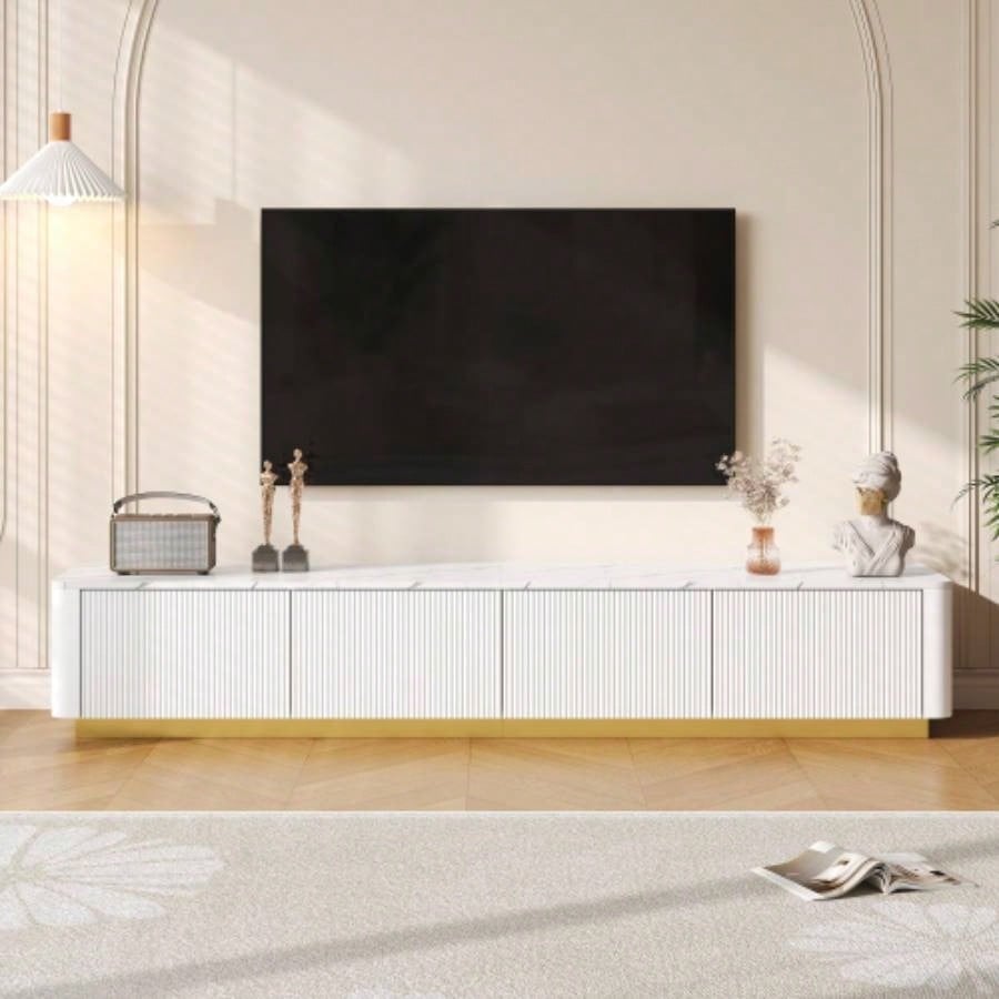 ON - TREND TV Stand with Fluted tempered Glass Doors TVs Up to 95 Functional Media Console with Arched Cabinet Doors, Entertainment Center with APP - Controlled LED Light Living Room, Black
