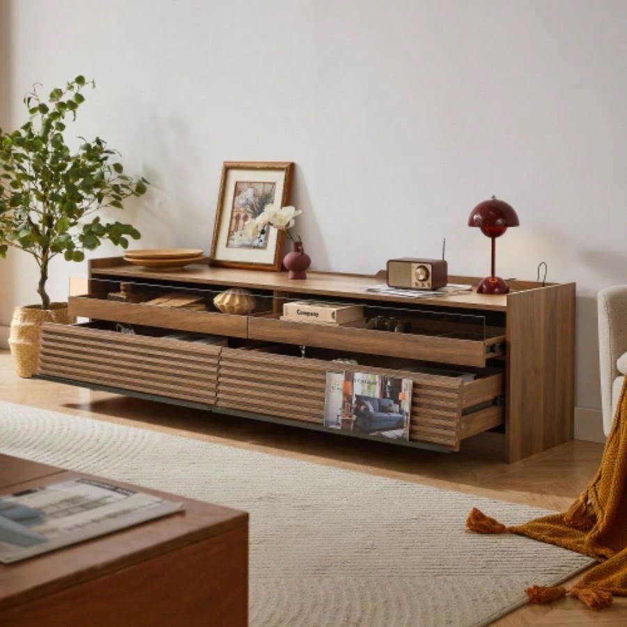 Mirod Modern TV Stand with Ample Storage, 4 Drawer Design with Tempered Glass, Built - in Charging Ports and Ambient LED Lighting, Versatile Any Decor Style