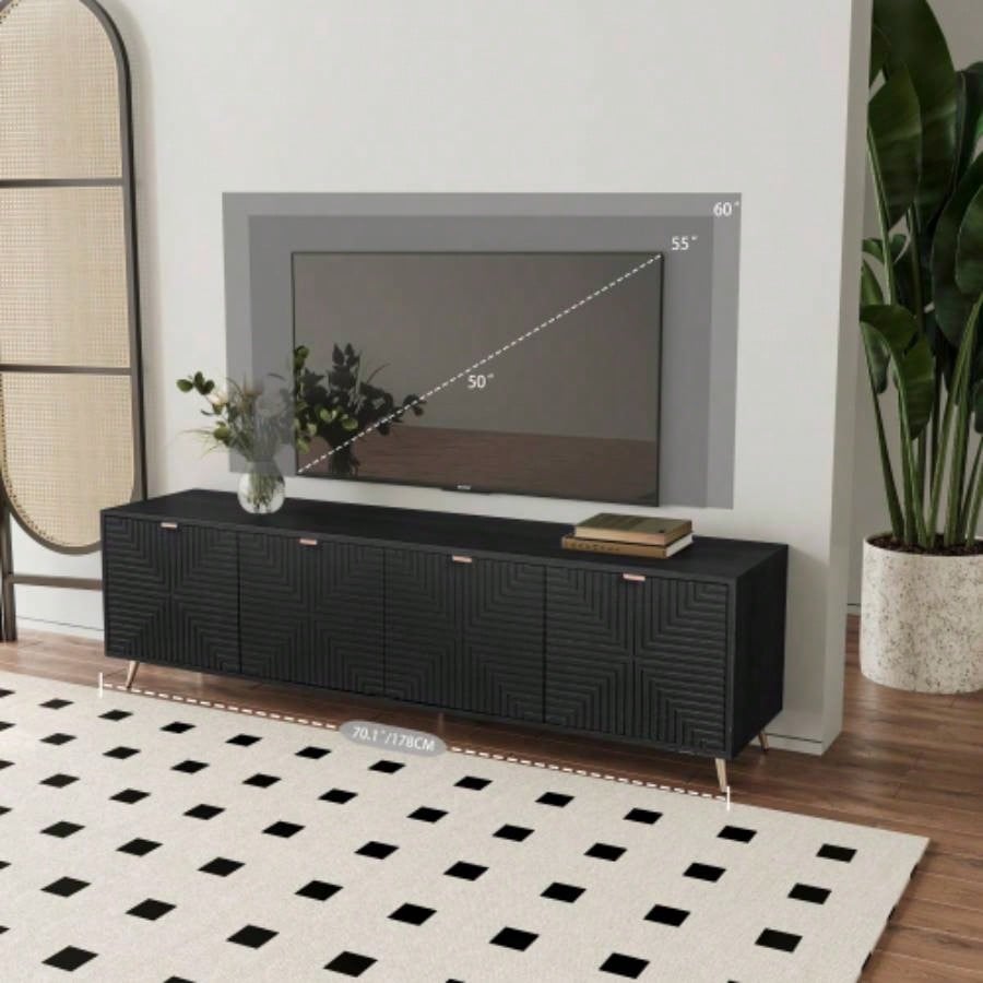 7090 Extendable TV Cabinet, Modern Entertainment Center with Storage and Adjustable Shelves, Lacquered and Real Wood Veneered TV Console Living Room, Hallway, Entryway, Black