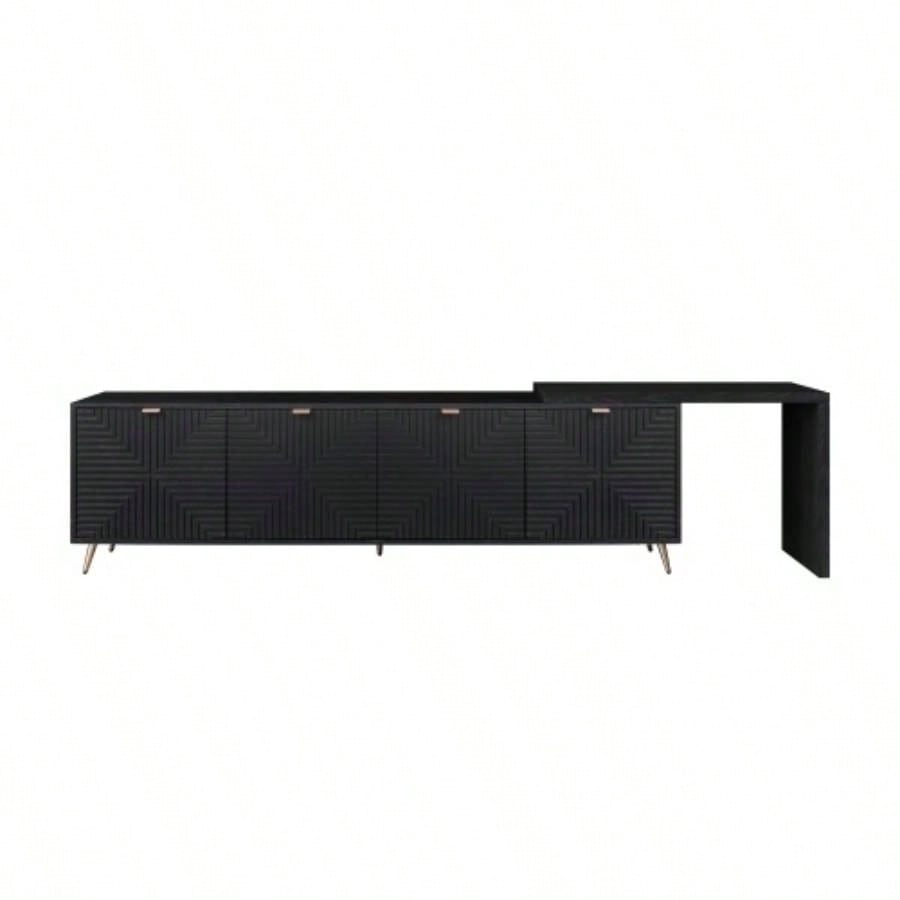7090 Extendable TV Cabinet, Modern Entertainment Center with Storage and Adjustable Shelves, Lacquered and Real Wood Veneered TV Console Living Room, Hallway, Entryway, Black
