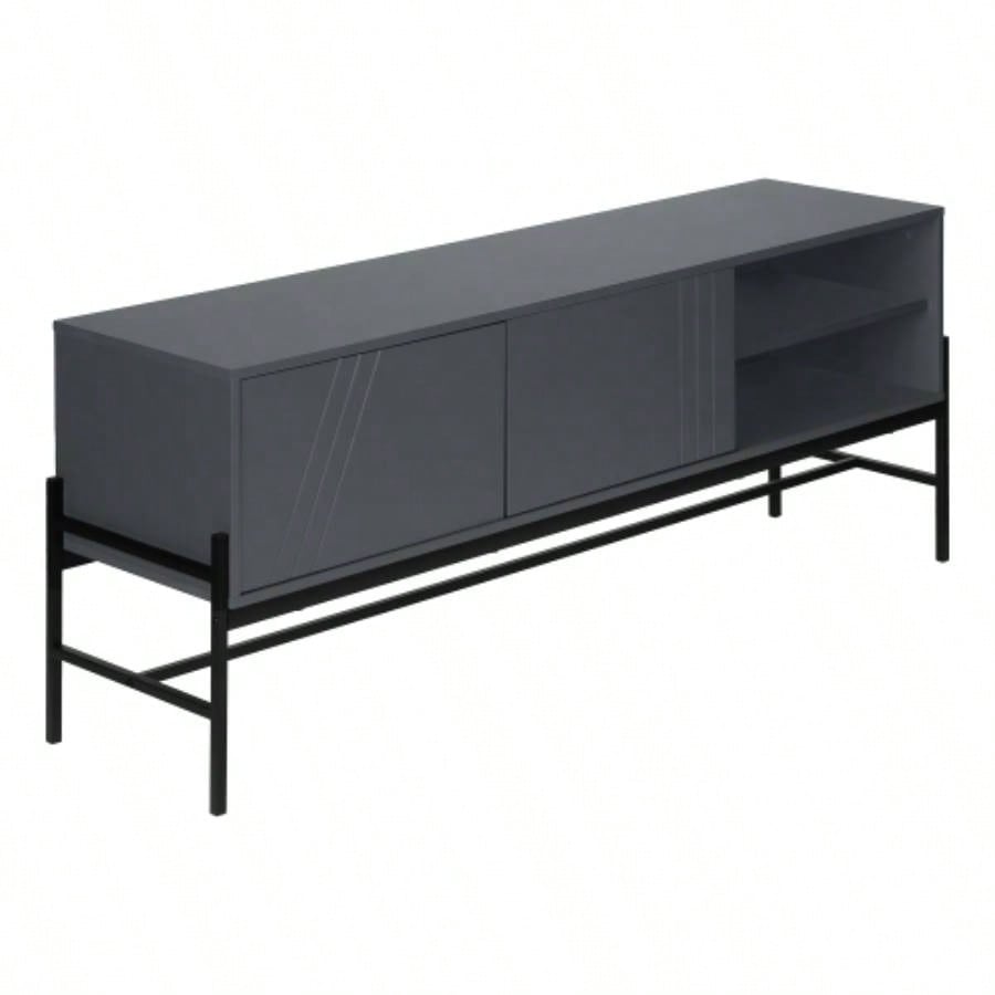 Tv Stand, 60 Inch, Console, Media Entertainment Center, Storage Cabinet, Living Room, Bedroom, Laminate, Black Metal, Contemporary, Modern