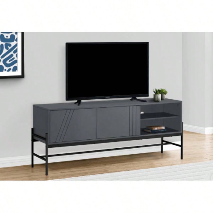 Tv Stand, 60 Inch, Console, Media Entertainment Center, Storage Cabinet, Living Room, Bedroom, Laminate, Black Metal, Contemporary, Modern