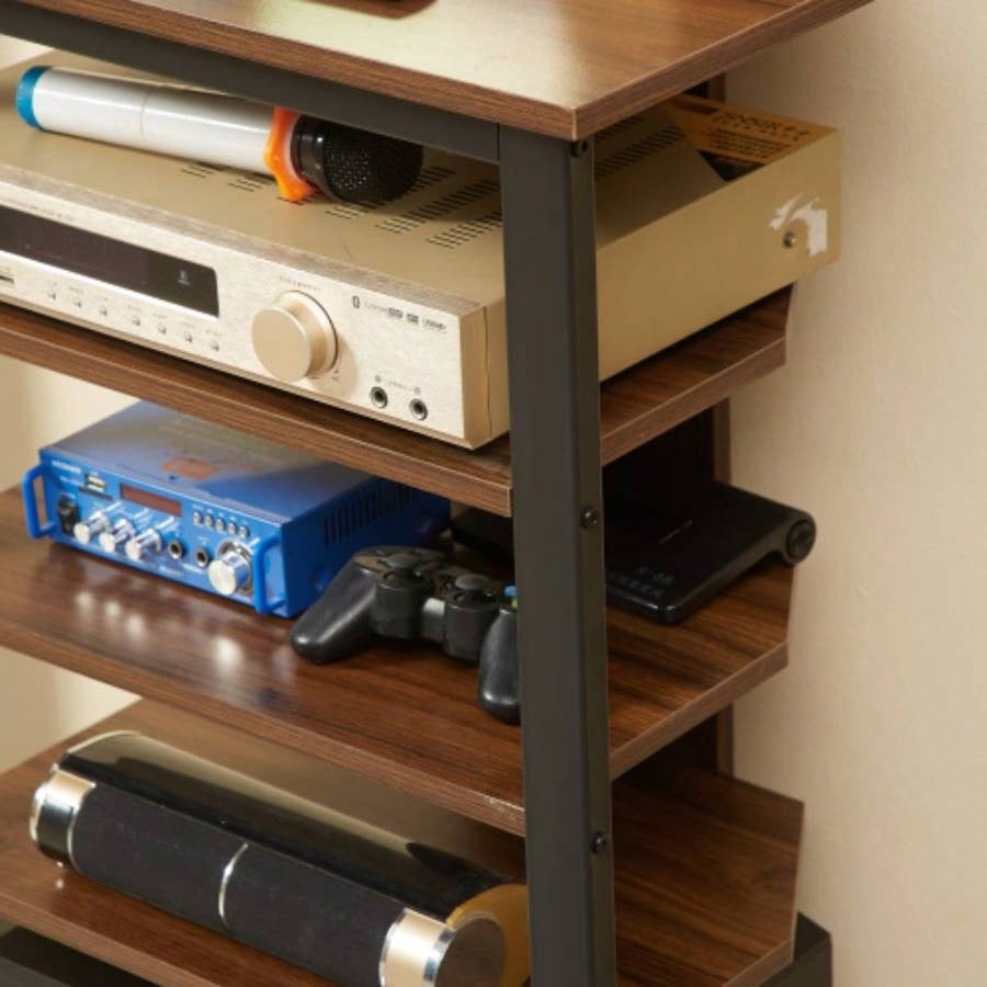 HOMCOM TV Stand, AV Media Stand, Corner Audio Tower with Storage Shelves and Steel Frame, Living Room Storage, Brown